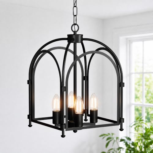 Image of Phaosio 4-Light Black Chandelier, Farmhouse Lantern Chandelier