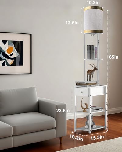 Image of Lightdot 65IN Floor Lamps with Storage Table&Drawer, Corner Shelf Lamps with White End Table and Fabric Shade, Modern Standing Tall Lamp for Living Room /Bedroom /Sofa Beside /Corner Decor(Bulb Included)