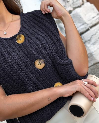 Naggoo Womens Crochet Chunky Knit Top Trendy Cardigan Sweater Vest Sleeveless Button Down Crop Tops for Women with Pockets3