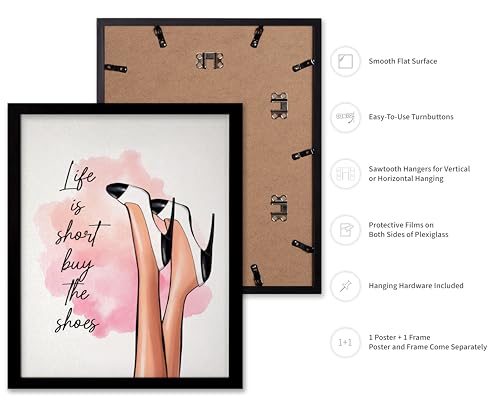Image of Poster Master Life is Short Buy The Shoes Poster - Fashion Print - Trendy Art - Modern Art - Gift for Her & Fashionista - Luxury Haute Couture Decor for Bedroom or Girls Room, 11x14 Black Framed