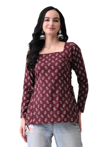 Image of MEERA FAB Women's Floral Printed Cotton Short Kurta Square Neck | Floral Printed Kurta with Full Sleeves | Short Kurti for Women