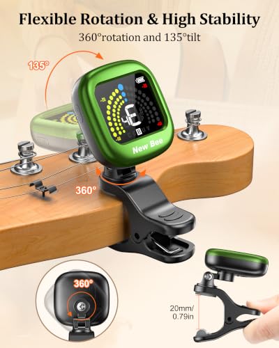 Image of New bee Guitar Tuner Rechargeable, Color Screen Clip On Tuner (Green, 1 Pack)