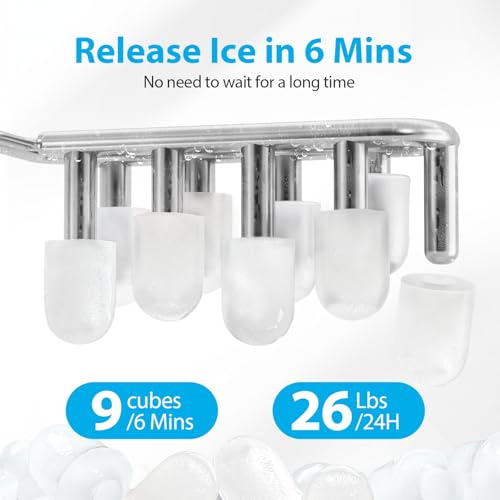 Aeitto Ice Makers Countertop, 26Lbs/24H, 9 Ice Cubes Release in 6 Mins, 2 Sizes of Bullet Ice Machine,Self-Cleaning Portable Ice Maker with Ice Scoop and Basket for Home Kitchen Office Bar RV, White