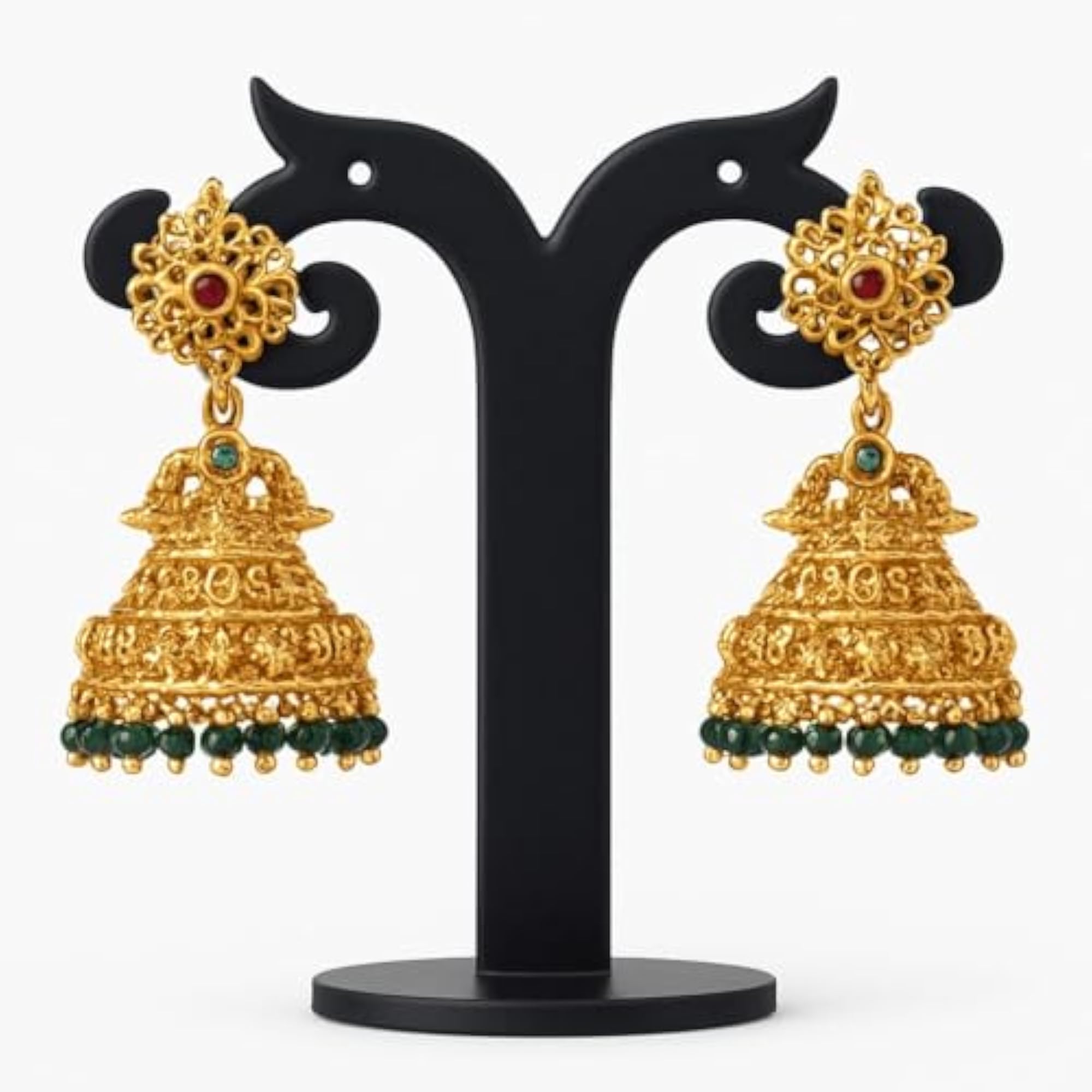 Traditional Gold-Plated Jhumka Earrings with Green Beads
