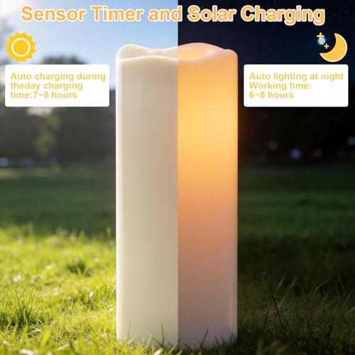 Image of GenSwin Solar Candles Outdoor Waterproof, 12 inch x 5 inch Large Solar Rechargeable Flameless Candles, LED Pillar Candle with Sensor Timer Dusk to Dawn, for Pation Gardern Outdoor Lanterns Decor(Set of 2)