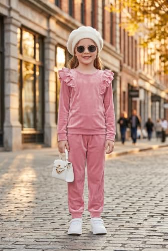 Image of Arshiner Girls 2 Piece Outfits Velour Tracksuit Ruffle Sweatshirt Sweatpant
