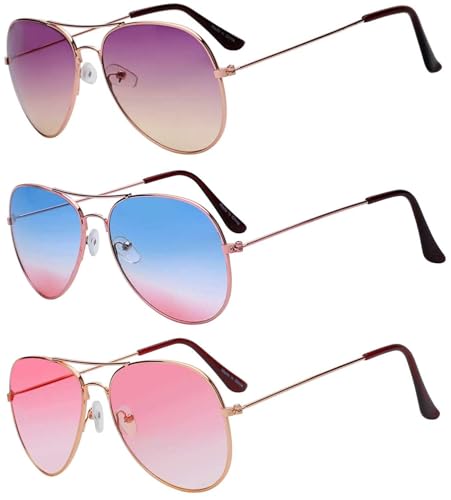 OWL 3 Pairs Classic Aviator Sunglasses Two Tone Color Lens Gold Metal Frame UV 400 Sun Protection