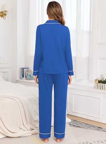 Image of Veseacky 100% Cotton Women's Pajama Set Long Sleeve Button Down Sleepwear Soft Pjs Lounge Sets Nightwear Pjs XS-XXL