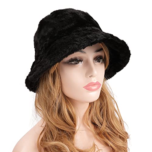 Wheebo Winter Fluffy Bucket Hat For Women's Faux Fur Fishman Cap Warm Fuzzy Bucket Hats (Black) #TOP1