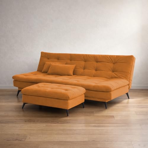 Image of Krancy Solid Wood 3 Seater Sofa Cum Bed with Ottomon | Convertible Wooden Couch for Living Room, Home & Office | Modern Designer Furniture | 1 Year Warranty | Orange Color