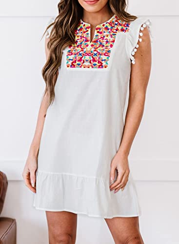 Kylasien Women's V Neck Floral Embroidered Ruffle Pompom Dresses 2023 Sleeveless Mexican Floral Shift White Dress Summer Casual Boho Mini Dress #TOP3