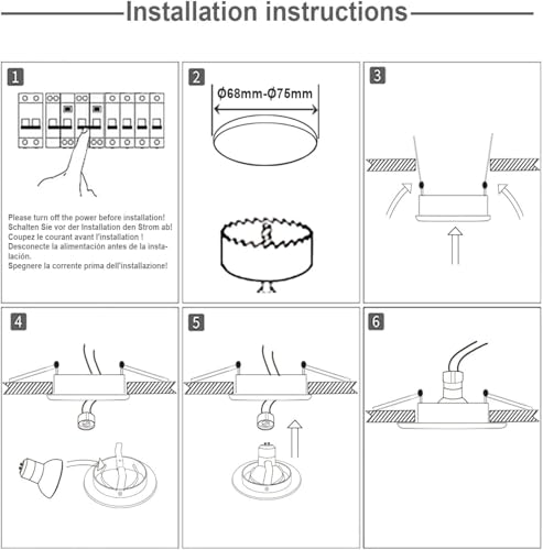 Sweier LED Einbaustrahler 230v, IP65 Deckenspots für Feuchtraum Wasserdichte, GU10 LED Spots Badezimmer 68-75mm Lochmass, Einbauleuchten 1er Set(Ohne Lampe)