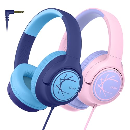 iClever Lot de 2 écouteurs pour Enfants - avec câble 85 dBA, Volume sûr, Son stéréo, Supra-auriculaire Pliable de 3,5 mm - Jack auxiliaire pour Enfants, iPad, tablettes, école, Voyage