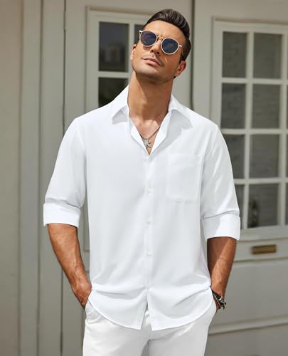 Mens Dress Shirt Long Sleeve Wrinkle Free Casual Button Down Untucked Business Linen Shirts with Pocket2