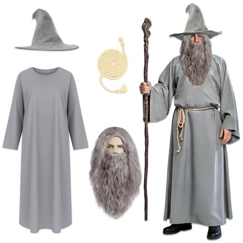 Luzcexs Adult Wizard Costume Set 5Pcs Gray Sorcerer Outfit with Wizards Hat Belt Wig & Beard Wizard costume for Halloween