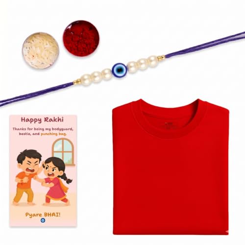 Image of Evil Eye Pearl Rakhi with Red T-Shirt for Brother, Nazar Suraksha Rakhi, Greeting Card, Roli Chawal, Raksha Bandhan Gift Combo for Bhai, Designer Beaded Rakhi Gift Set