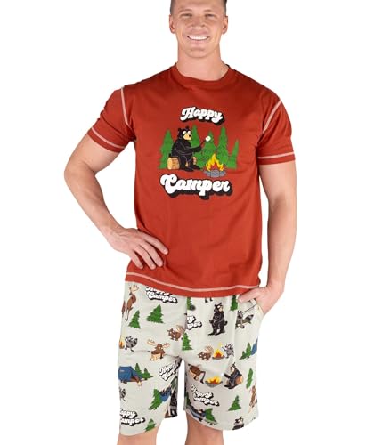 Lazy One Mens Sleep Shorts Set Matching Sleepwear Shirt and Short Set for Men Cotton Pajama Shorts and T-Shirt (Happy Camper Grey Large)