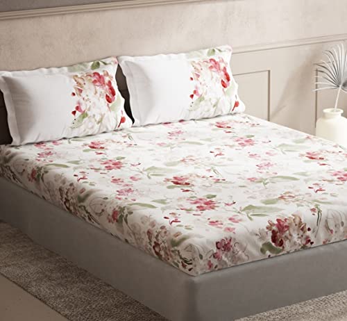 Image of D'Decor Live Beautiful Floral Glow Floral 144 TC Double Bedsheet Set with Two Pillow Covers - Red
