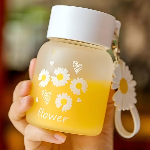 Image of Cute Daisy Flower Water Bottle With Lid And Keychain, 300 ML, Leak-Proof Reusable Juice, Coffee, Milk, Smoothies, Tea, Mini Glass Drink Bottle For Kids, Office, Travel & Gifting