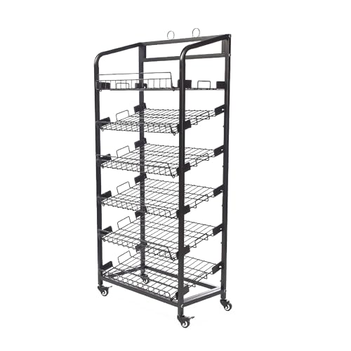 6-Tier Metal Bakery Display Rack with Wheels & Sign Holder – 29″W x 18″D x 65″H Adjustable Wire Shelves – Powder-Coated Rolling Stand for Store, Café, Farmers Market – Easy Assembly