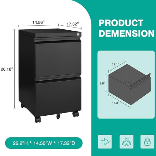 Image of SISESOL Assembled 2 Drawer File Cabinet on Wheels,Metal Filing Cabinet with Lock,Black Rolling File Cabinets,Under Desk Office Cabinets for Home Office,Fit A4 /Letter /Legal,Pre-Assembled Except Caster