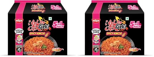 Image of Nissin Geki Korean Ramen Spicy Kimchi Instant Noodles 5 in1, 400gm (Pack of 2)