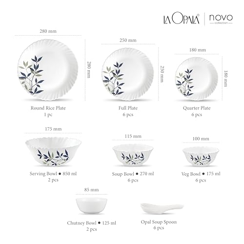 Image of La Opala Novo Collection Opal Glass Crockery | for Family of 6 | Dinner Set 35 pcs Silken Charm | Plates & Bowls for Dining | Microwave Safe | 100% Vegetarian | Extra Strong | Light & White