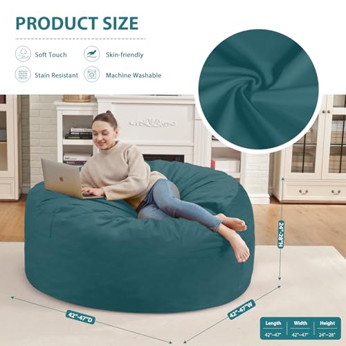 4FT Bean Bag Chair, Large Bean Bag Chairs with Memory Foam Filled, Fluffy Beanbag Sofa with Dutch Velvet Cover, Round BeanBag Chairs for Living Room, Playroom - Sea Blue
