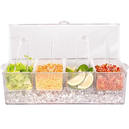 Ice Chilled 4 Compartment Condiment Server Caddy - Serving Tray Container with 4 Removable Dishes and Hinged Lid | 3 Serving Spoons + 3 Tongs Included - Thumbnail 3