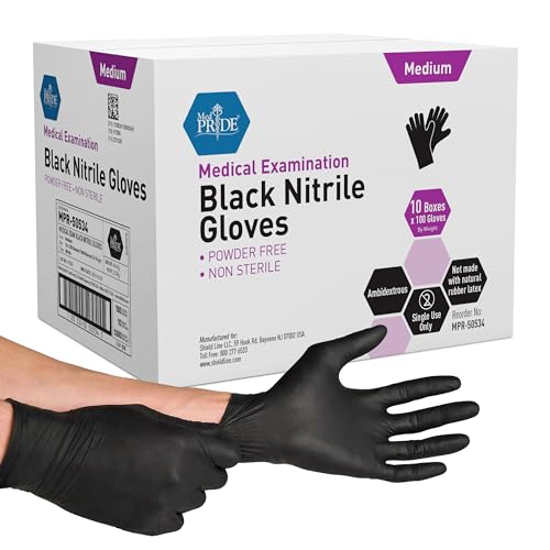 MED PRIDE Black Nitrile Medical Examination Gloves (Medium, 1000-Count) Ultra-Strong Thick, Latex & Rubber Free, Disposable Powder-Free Gloves for Healthcare & Food Handling Use