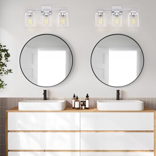 Image of Chrome Bathroom Vanity Light - 3 Light Bathroom Light Fixture Square Design & UL Certification, Bath Room Lighting Fixtures Over Mirror, Modern Vanity Lighting Fixture for Living Room