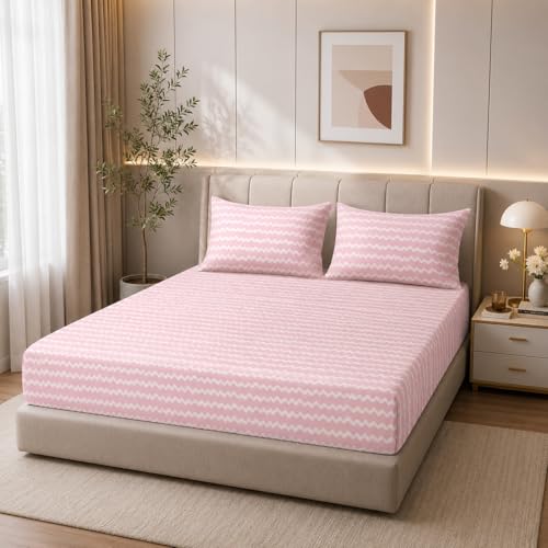 Image of Soft Comfortable 300 TC Cotton Elastic Fitted Bedsheet Queen Size Double Bed with 2 Pillow Covers (60 inch x 78 inch inch) (Fitted) (Blossom Pink)