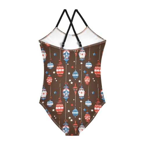 senya Girls Swimsuits One-Piece Swimwear Tie Bathing Suit Beach Summer Round Neck 5-6T Chandelier Star Pattern2