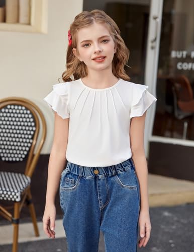 Image of Arshiner Girls T Shirts Ruffle Short Sleeve Summer Pleated Crewneck Casual Tops Tees Blouses