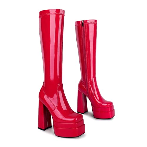 Image of wetkiss Classic Platform Knee High Boots Go Go Boots | Chunky Heel, Hallowee, Stretch Fabric, Square Toe, Good Gifts, Cosplay Custume, Festival,Versatile