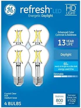 GE Refresh - Foco LED A19 equivalente a 60 vatios de luz diurna regulable (paquete de 4)