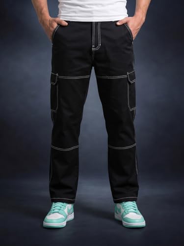 Image of Veirdo Men's Cargo Pants | Relaxed Fit Utility Trousers with Multi Pockets | Casual Streetwear Cotton Bottoms - Beige, Black & Grey| Sizes: S to XXL