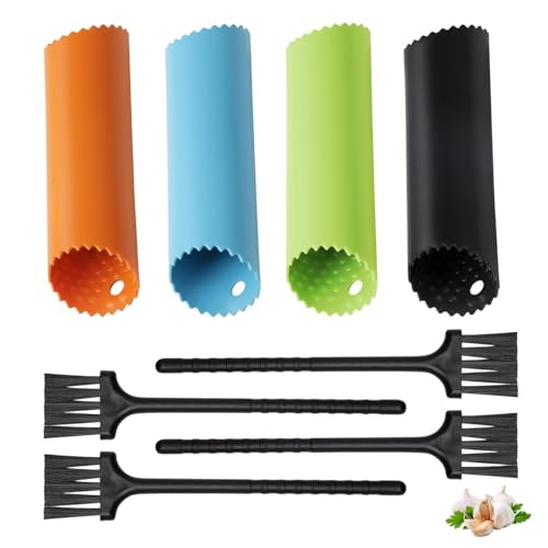 Knoblauchschäler Set, 4 Stück Garlic Peeler In Blau Grün Orange Schwarz, 4 Reinigungsbürsten...