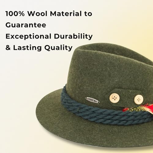 Image of German Hat | 100% Wool Hats for Men & Women - Bavarian Tirol Alps Wool Hat with Feather & Sweat Band | Fedora