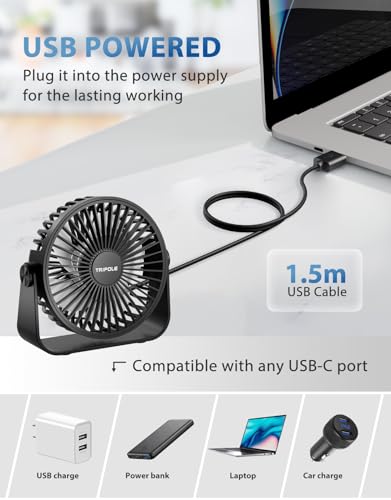 Tripole Usb Desk Fan 4.5 Inches Portable Mini Fan Powerful 3 Speeds Wind Personal Desktop Fan With 360° Head Rotation For Home Office Car Indoor Outdoor Black thumb #2