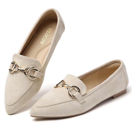 Image of Tilocow Metal Chain Loafers Flats for Women Pointed Toe Slip on Flats Dressy Casual Comfortable Work Business Shoes
