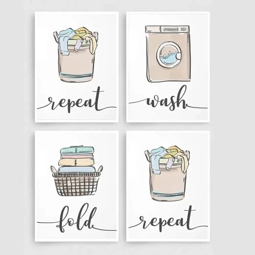 YUSUZHU Wash Dry Fold Repeat Laundry Sign Colourful Poster Art Print Quote Canvas Painting Modern Wall Picture Utility Room Decor 20x30cmx4 Frameless