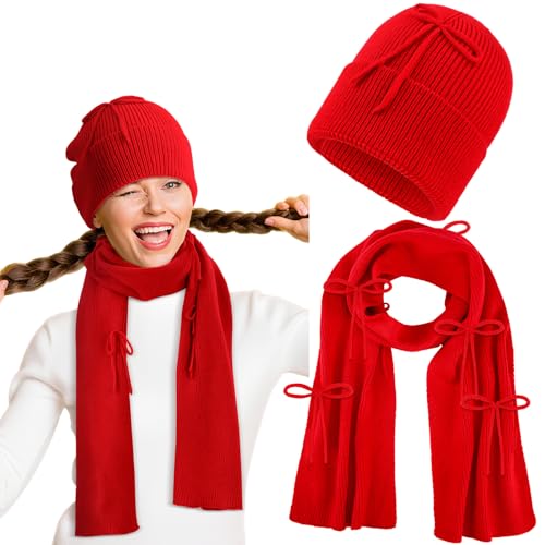 2 Pcs Red Bow Knitted Hat and Scarf Set for Women and Men Christmas Winter Soft Hat and Shawl Wraps Scarves Bow Thick Warm Suit Winter Accessories for Christmas Valentine's Day Gift