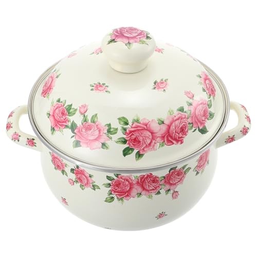 Healeved Olla de 20 Cm Rosa Doble Asa de Sopa Esmaltada Diseño y Resistente Adecuado para Guisos y Estofados Vintage para Cocina