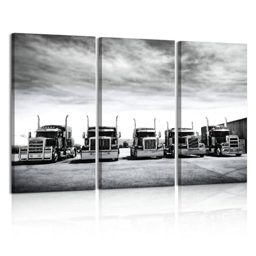 Trucks Convoy, California Black And White Print On Canvas Wall Artwork Modern Photography Home Decor Unique Pattern Stretched and Framed 3 piece