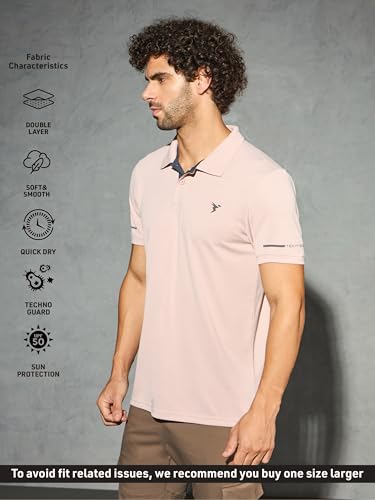 Image of TECHNOSPORT Men's Solid Slim Fit Polo Collar T-Shirt TECHNOCOOL+ Half Sleeve Button Polyester for Gym Running Workout UPF50+ Anti Odour