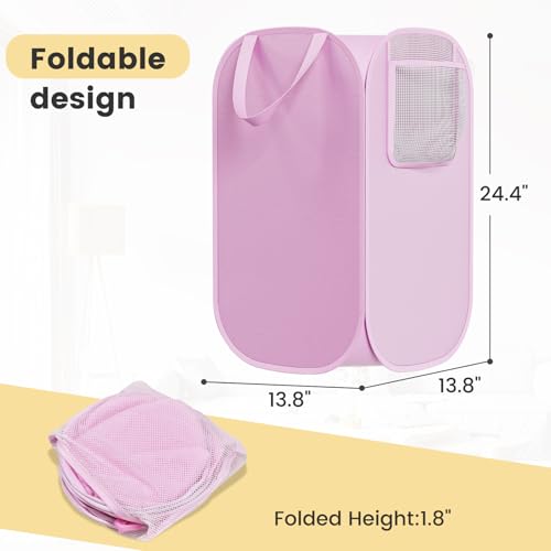 Image of Polyester Strong Mesh Pop-up Laundry Hamper, Quality Pop Up Hampers for Laundry with Durable Handles Solid Bottom High Carbon Steel Frame, Easy to Open and Fold Flat for Storage(Light Pink)
