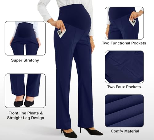 Image of PACBREEZE Women's Maternity Pants for Work Over-Bump Pregnancy Casual Stretchy Straight Dress Pants with Pockets