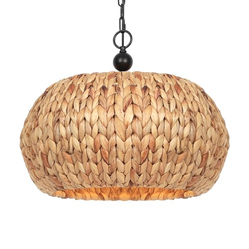 QIHONGLT Farmhouse Rattan Chandelier,19.3'' Boho Chandelier Light Fixture,5-Light Wicker Pendant Light for Dining Room/Living Room/Kitchen Island,E26 Base,Adjustable Height (Black)