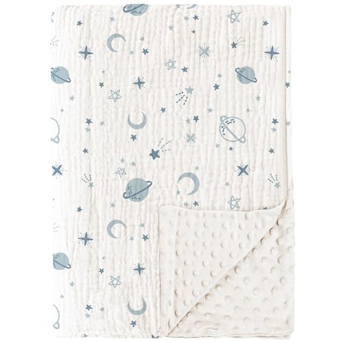 Image of Konssy Baby Blankets for Unisex Boys Girls, Super Soft Nursery Minky Blankets with Muslin Cotton Front and Dotted Fleece Backing, Printed Bed Throws Newborn
